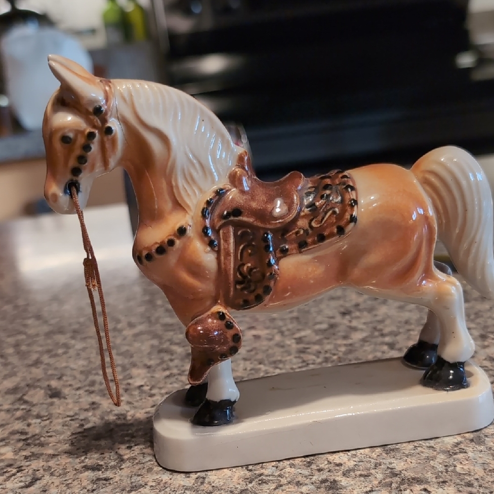 Vintage Ceramic Palomino Horse Figurine with Saddle And Rein
